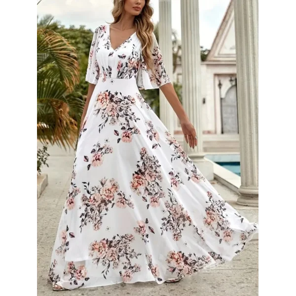 Kadın Kısa Kollu V Yakalı çiçek Desenli Süprem Elbise