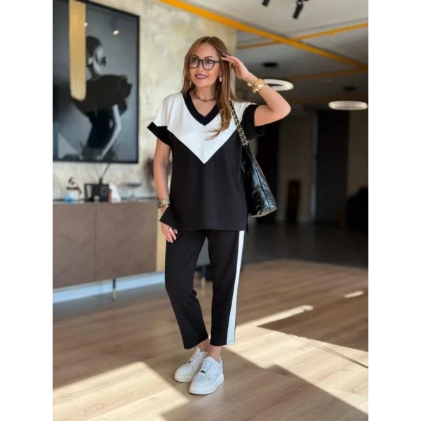 Kadın Kısa Kollu V Yakalı çift Renkli Viskon Iki Iplik Ikili Bluz Ve Pantolon Takım