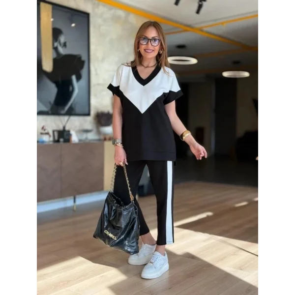 Kadın Kısa Kollu V Yakalı çift Renkli Viskon Iki Iplik Ikili Bluz Ve Pantolon Takım