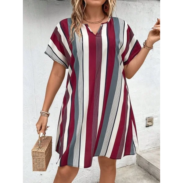 Kadın Kısa Kollu V Yakalı çizgi Baskılı Süprem Elbise