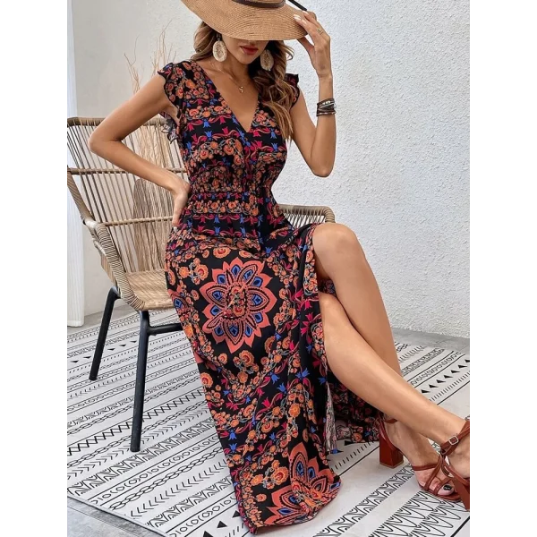 Kadın Kısa Kollu V Yakalı Deseni Yırtmaçlı Süprem Elbise