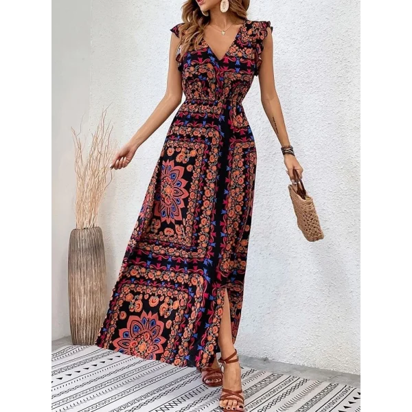 Kadın Kısa Kollu V Yakalı Deseni Yırtmaçlı Süprem Elbise