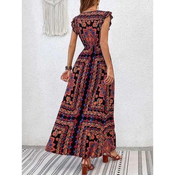 Kadın Kısa Kollu V Yakalı Deseni Yırtmaçlı Süprem Elbise