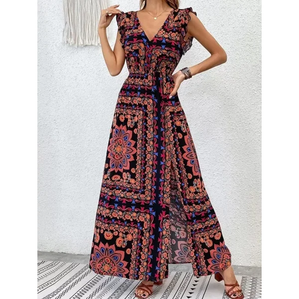 Kadın Kısa Kollu V Yakalı Deseni Yırtmaçlı Süprem Elbise