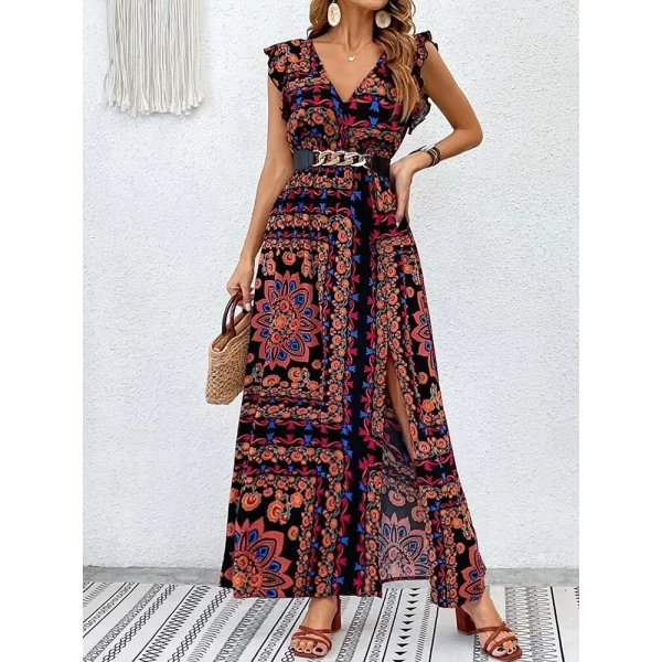 Kadın Kısa Kollu V Yakalı Deseni Yırtmaçlı Süprem Elbise