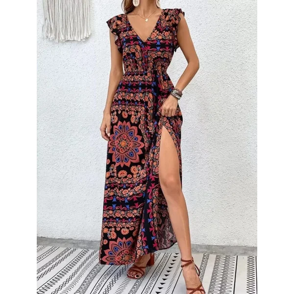 Kadın Kısa Kollu V Yakalı Deseni Yırtmaçlı Süprem Elbise