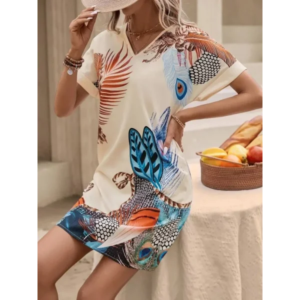 Kadın Kısa Kollu V Yakalı Desenli Mini Atlas Elbise