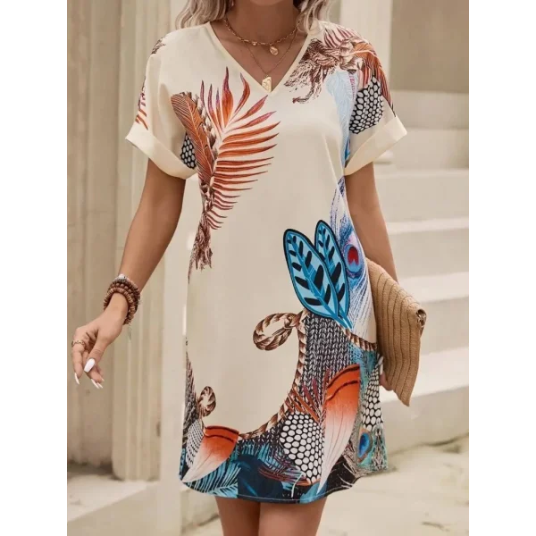 Kadın Kısa Kollu V Yakalı Desenli Mini Atlas Elbise