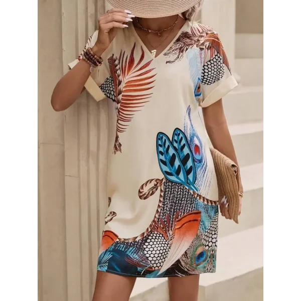 Kadın Kısa Kollu V Yakalı Desenli Mini Atlas Elbise