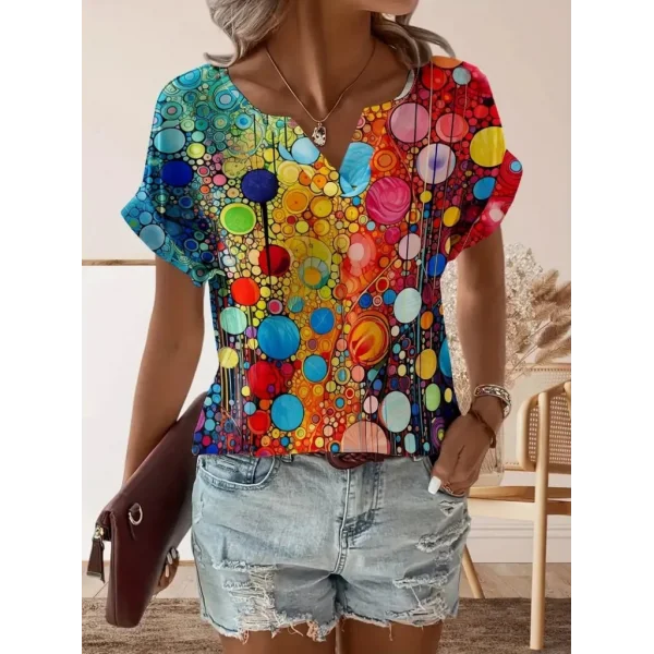 Kadın Kısa Kollu V Yakalı Desenli Süprem Bluz