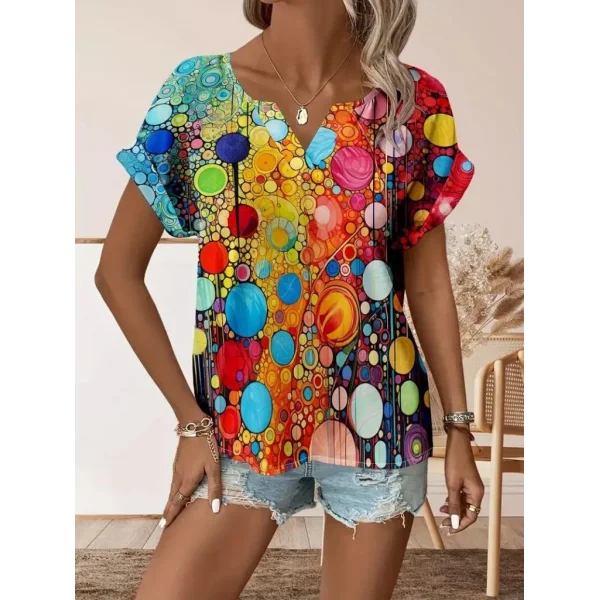 Kadın Kısa Kollu V Yakalı Desenli Süprem Bluz