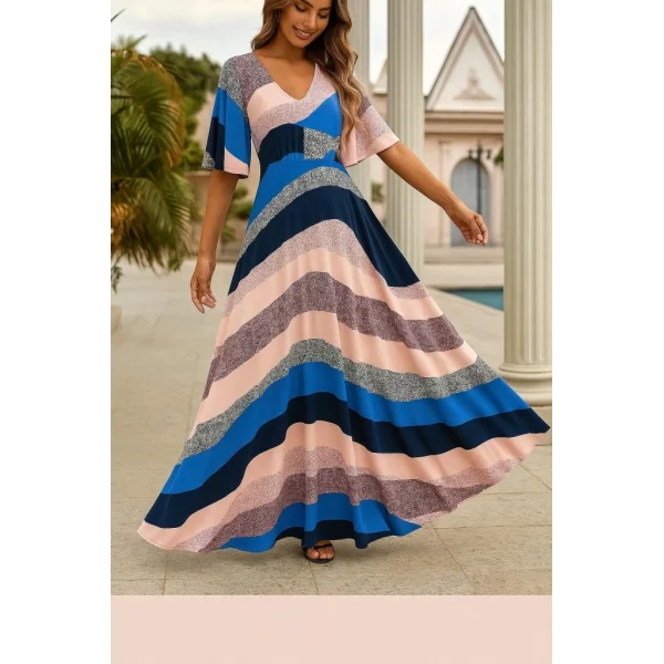 Kadın Kısa Kollu V Yakalı Desenli Süprem Elbise