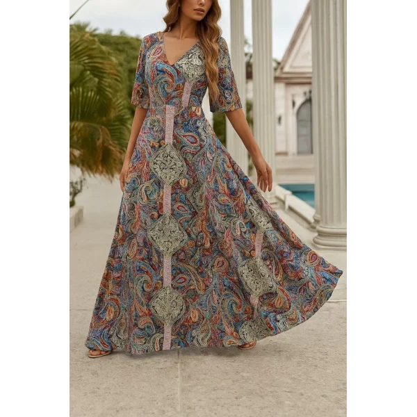 Kadın Kısa Kollu V Yakalı Desenli Süprem Elbise