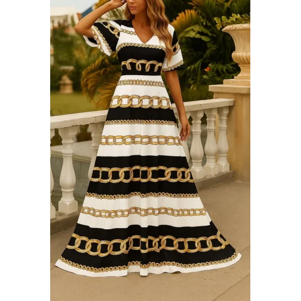 Kadın Kısa Kollu V Yakalı Desenli Süprem Elbise