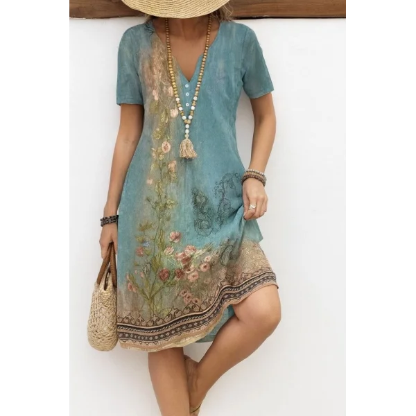 Kadın Kısa Kollu V Yakalı Desenli Süprem Elbise