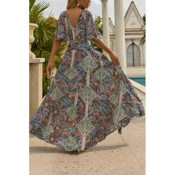 Kadın Kısa Kollu V Yakalı Desenli Süprem Elbise