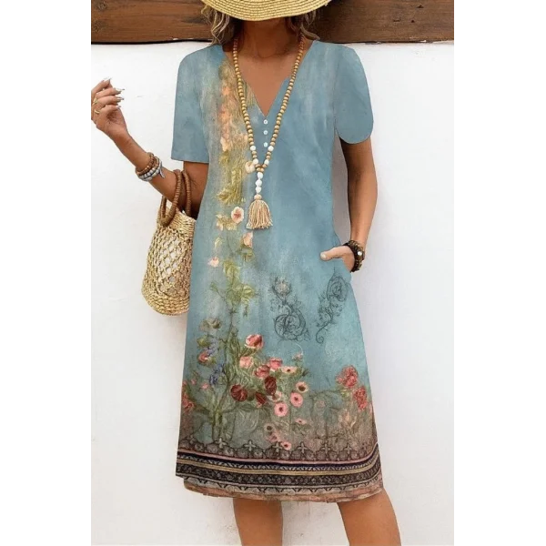 Kadın Kısa Kollu V Yakalı Desenli Süprem Elbise