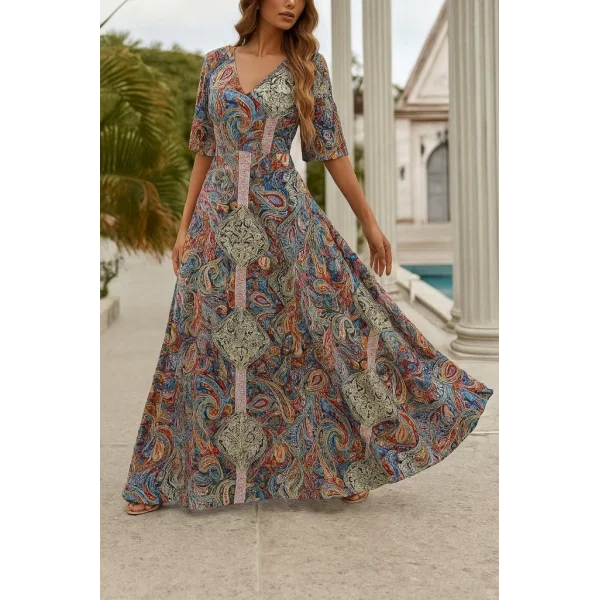 Kadın Kısa Kollu V Yakalı Desenli Süprem Elbise