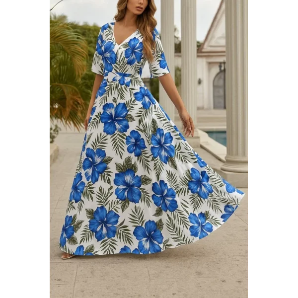 Kadın Kısa Kollu V Yakalı Desenli Süprem Elbise