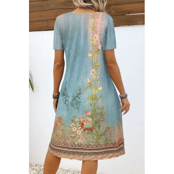 Kadın Kısa Kollu V Yakalı Desenli Süprem Elbise