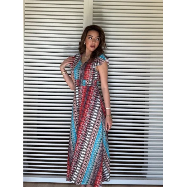 Kadın Kısa Kollu V Yakalı Desenli Yandan Yırtmaçlı Süprem Elbise