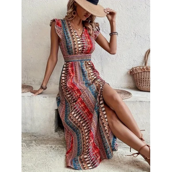 Kadın Kısa Kollu V Yakalı Desenli Yandan Yırtmaçlı Süprem Elbise