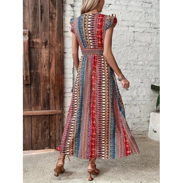 Kadın Kısa Kollu V Yakalı Desenli Yandan Yırtmaçlı Süprem Elbise