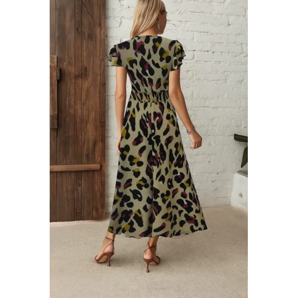 Kadın Kısa Kollu V Yakalı Desenli Yandan Yırtmaçlı Süprem Elbise