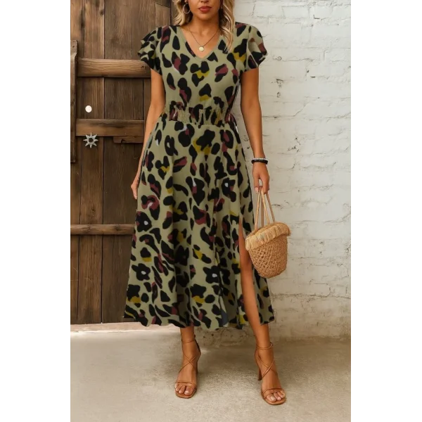 Kadın Kısa Kollu V Yakalı Desenli Yandan Yırtmaçlı Süprem Elbise