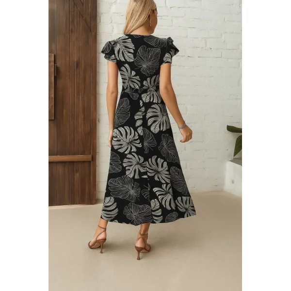 Kadın Kısa Kollu V Yakalı Desenli Yandan Yırtmaçlı Süprem Elbise