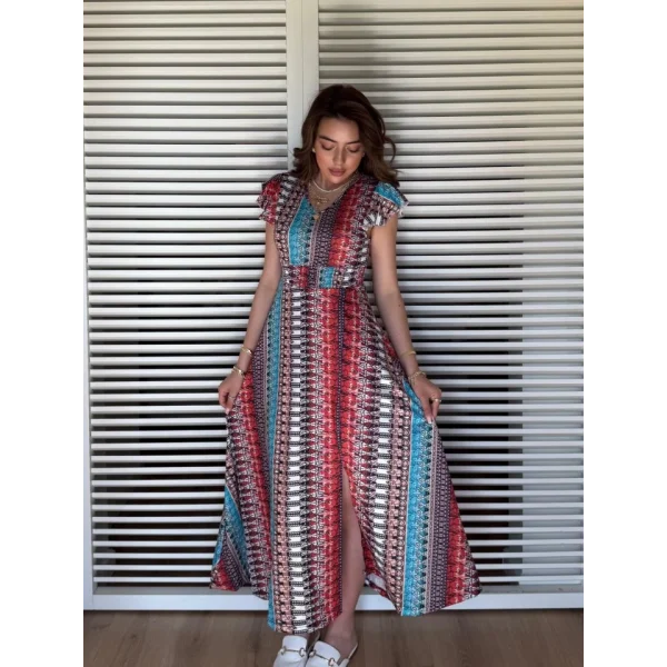 Kadın Kısa Kollu V Yakalı Desenli Yandan Yırtmaçlı Süprem Elbise