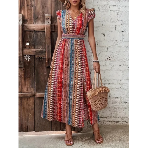 Kadın Kısa Kollu V Yakalı Desenli Yandan Yırtmaçlı Süprem Elbise