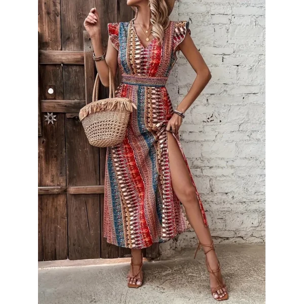 Kadın Kısa Kollu V Yakalı Desenli Yandan Yırtmaçlı Süprem Elbise