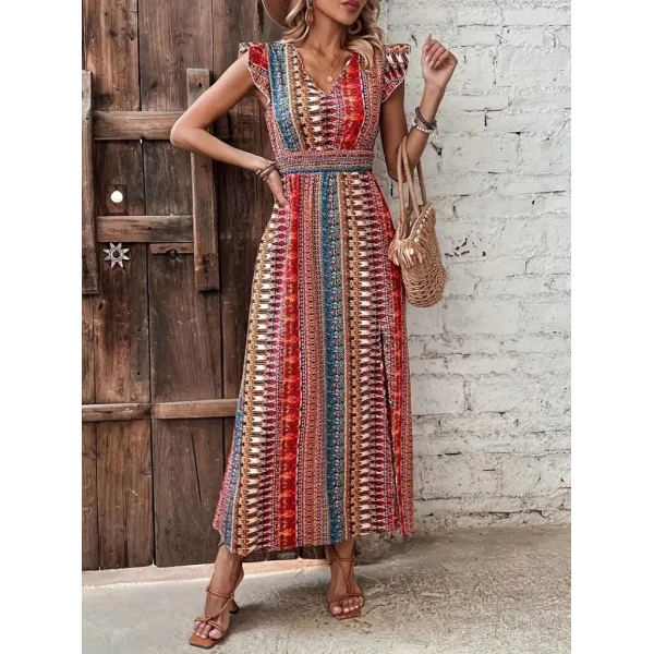 Kadın Kısa Kollu V Yakalı Desenli Yandan Yırtmaçlı Süprem Elbise