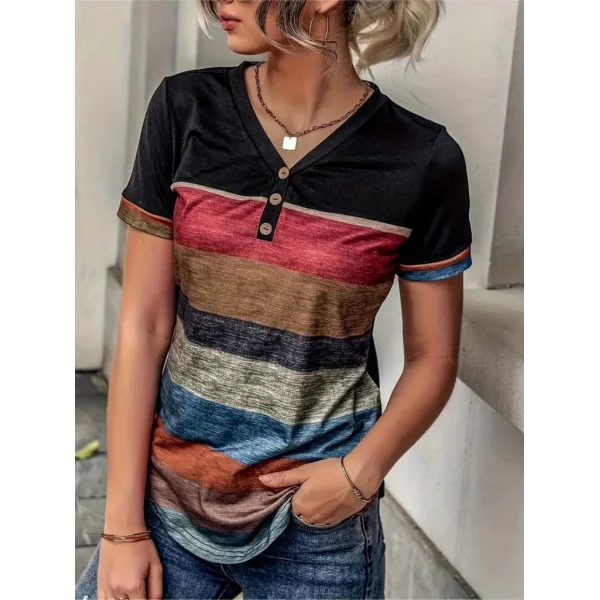 Kadın Kısa Kollu V Yakalı Düğmeli çok Renkli Süprem Bluz