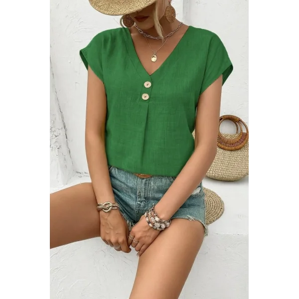 Kadın Kısa Kollu V Yakalı Düğmeli Keten Bluz