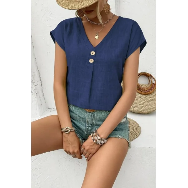 Kadın Kısa Kollu V Yakalı Düğmeli Keten Bluz