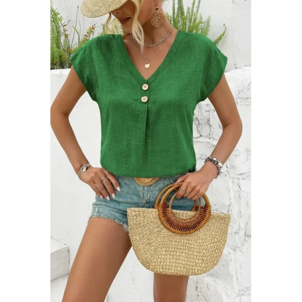 Kadın Kısa Kollu V Yakalı Düğmeli Keten Bluz
