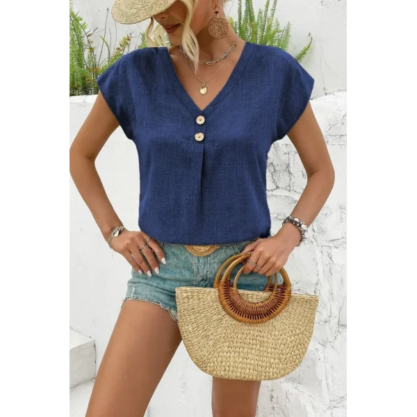 Kadın Kısa Kollu V Yakalı Düğmeli Keten Bluz