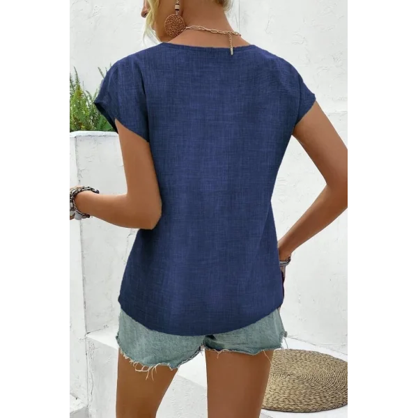 Kadın Kısa Kollu V Yakalı Düğmeli Keten Bluz