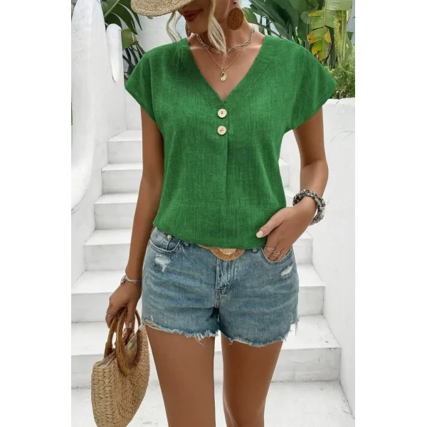 Kadın Kısa Kollu V Yakalı Düğmeli Keten Bluz