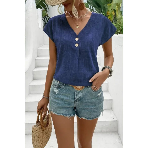 Kadın Kısa Kollu V Yakalı Düğmeli Keten Bluz