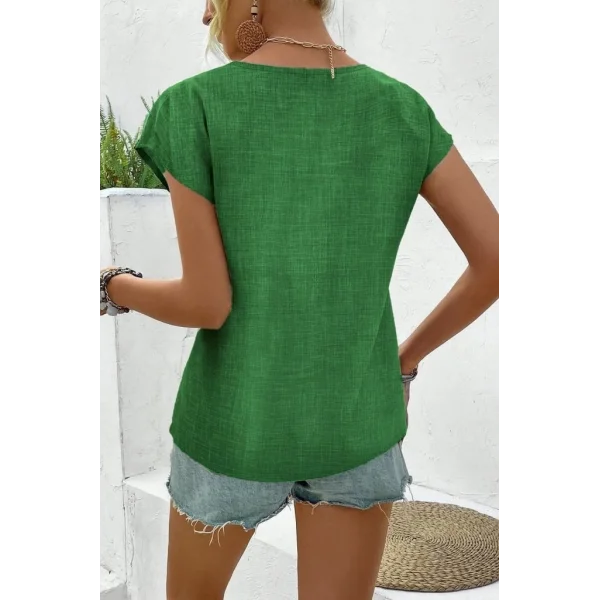 Kadın Kısa Kollu V Yakalı Düğmeli Keten Bluz