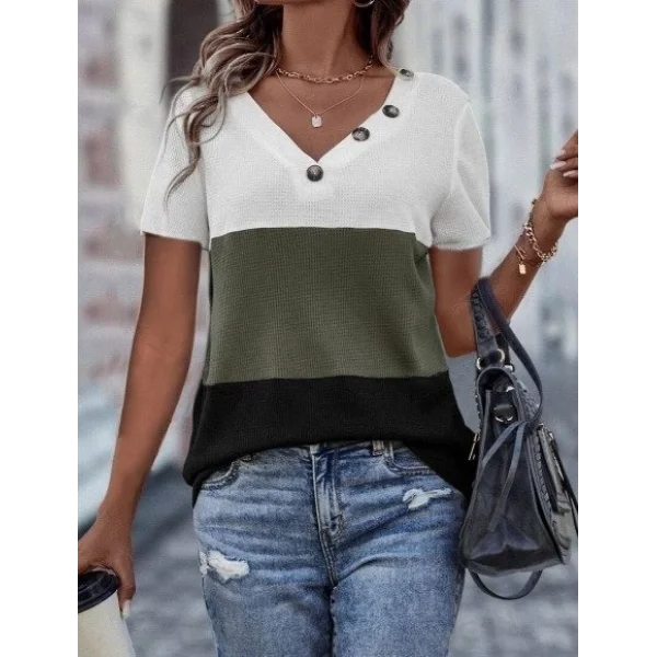 Kadın Kısa Kollu V Yakalı Düğmeli Waffle Bluz