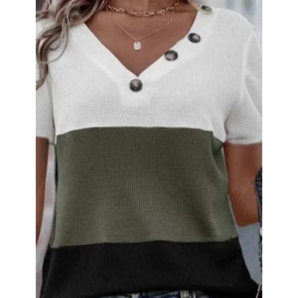 Kadın Kısa Kollu V Yakalı Düğmeli Waffle Bluz