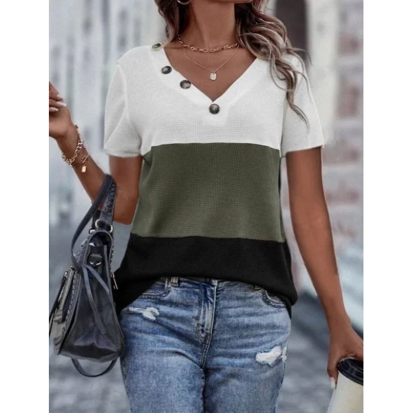 Kadın Kısa Kollu V Yakalı Düğmeli Waffle Bluz