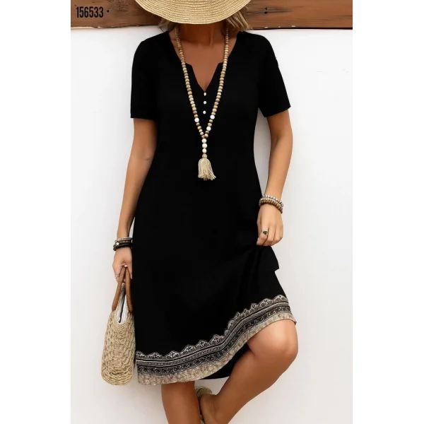 Kadın Kısa Kollu V Yakalı Etek Ucu Desenli Viskon Elbise