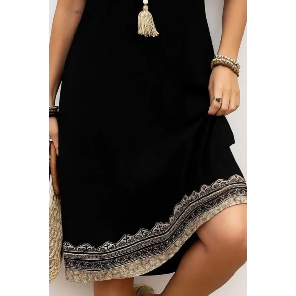 Kadın Kısa Kollu V Yakalı Etek Ucu Desenli Viskon Elbise