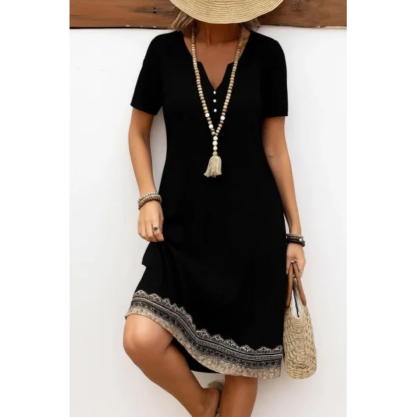 Kadın Kısa Kollu V Yakalı Etek Ucu Desenli Viskon Elbise