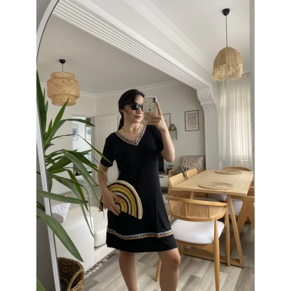 Kadın Kısa Kollu V Yakalı Etnik Desen şerit Detaylı Viskon Elbise